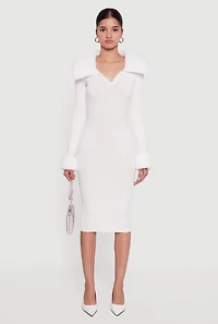 Midi Sweater Dress with Removable Faux Fur Collar and Cuffs