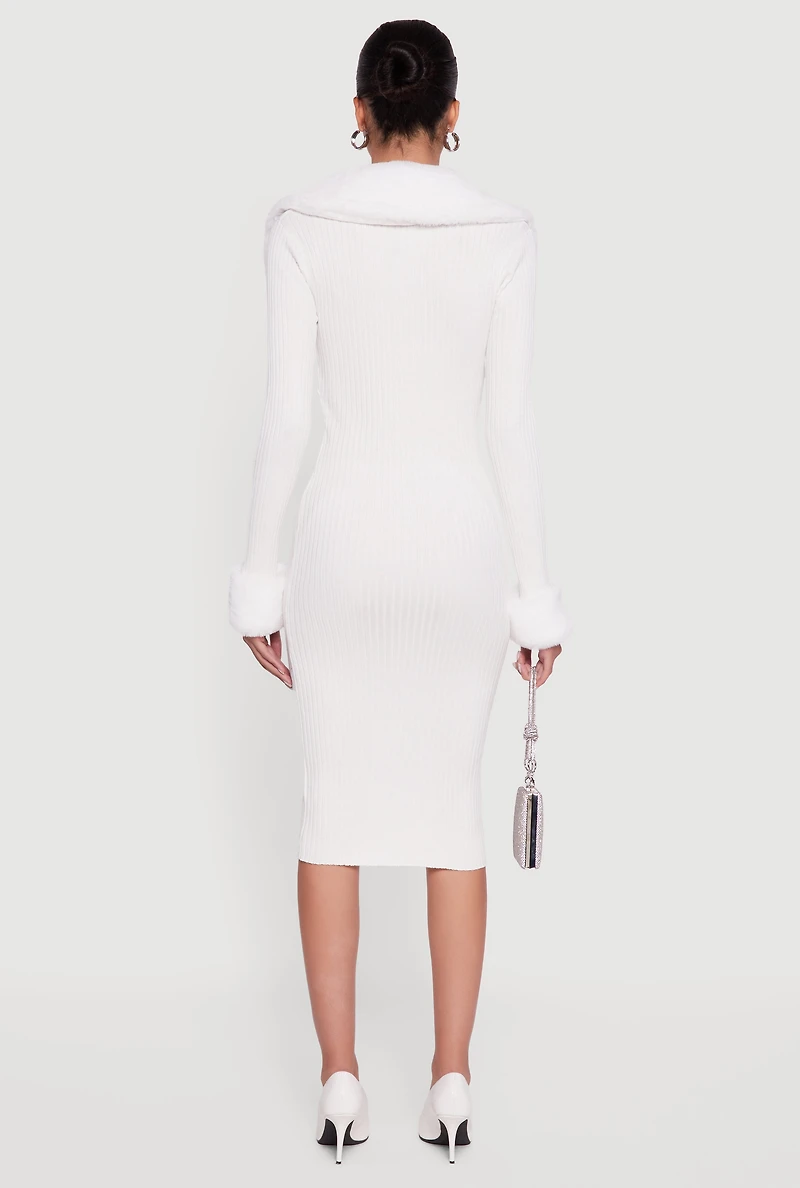Midi Sweater Dress with Removable Faux Fur Collar and Cuffs