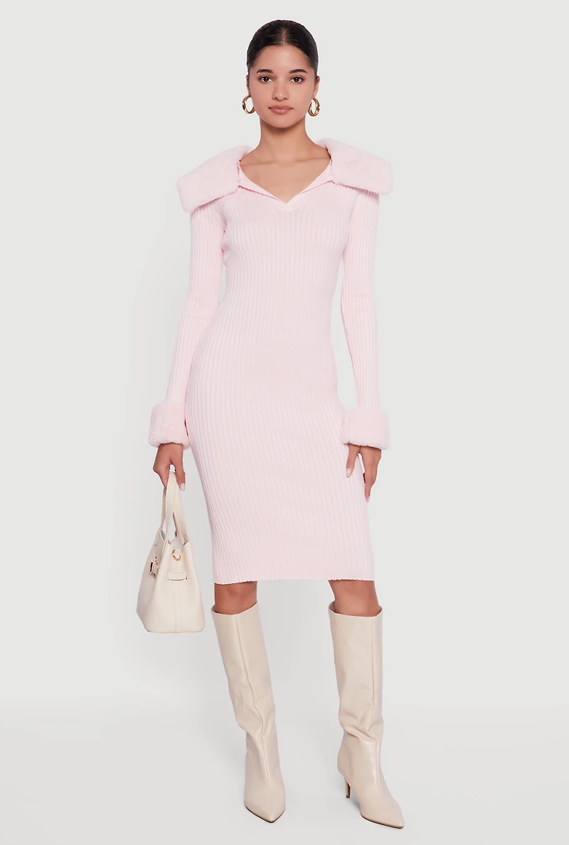 Midi Sweater Dress with Removable Faux Fur Collar and Cuffs