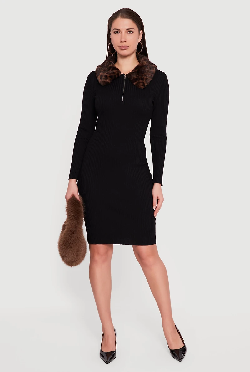 Rib Knit Sweater Dress with Removable Faux Fur Collar