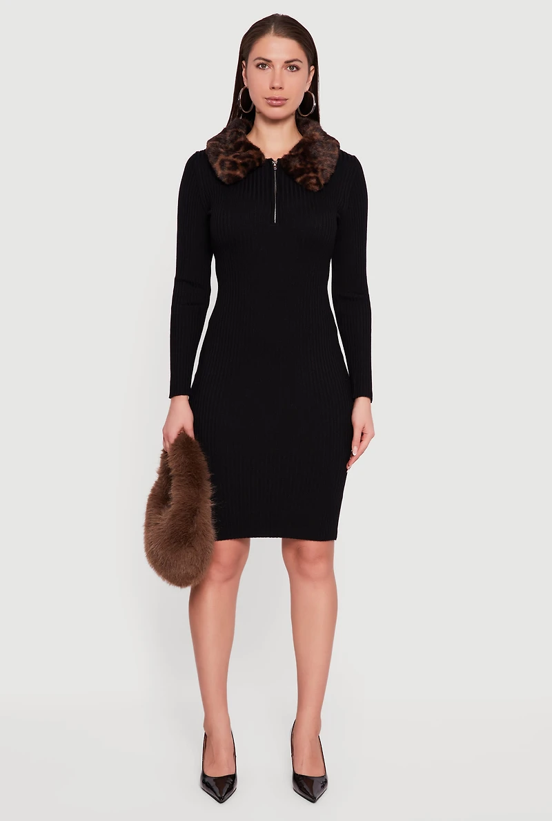 Rib Knit Sweater Dress with Removable Faux Fur Collar