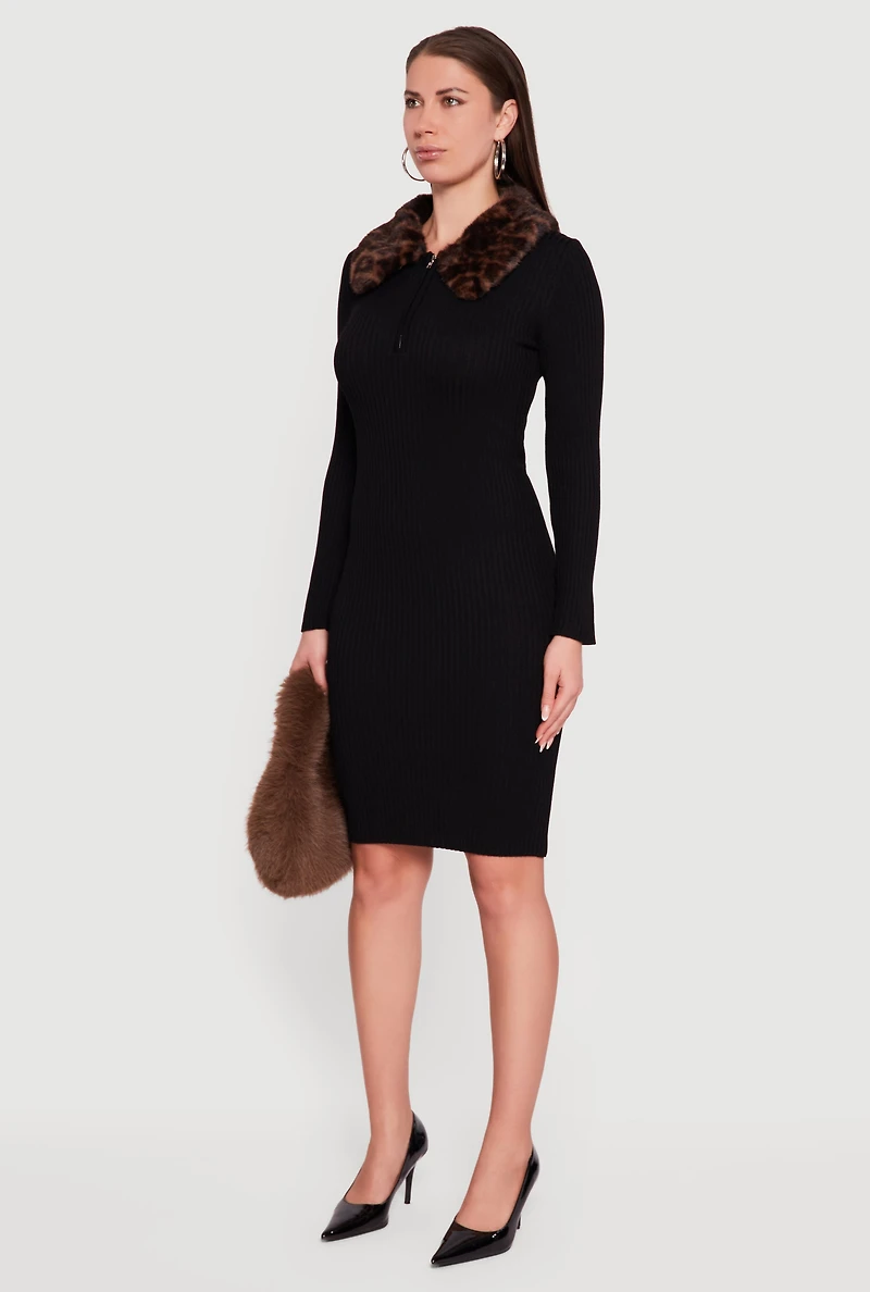 Rib Knit Sweater Dress with Removable Faux Fur Collar
