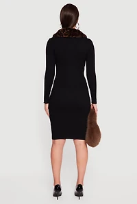 Rib Knit Sweater Dress with Removable Faux Fur Collar