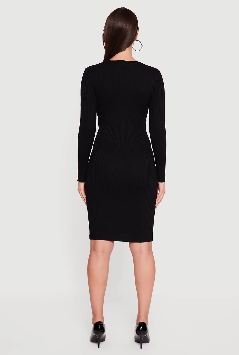 Rib Knit Sweater Dress with Removable Faux Fur Collar