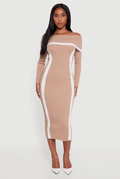 Contrast Trim Ribbed Knit Sweater Dress