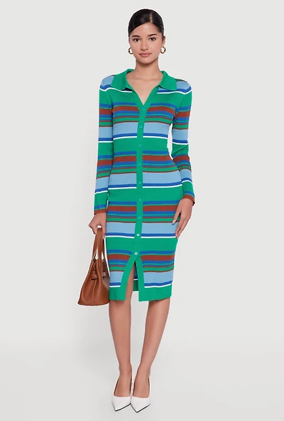 Almost Famous Striped Slit Front Sweater Polo Dress