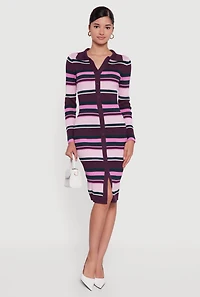 Womens Almost Famous Striped Slit Front Sweater Polo Dress, Purple, Size S