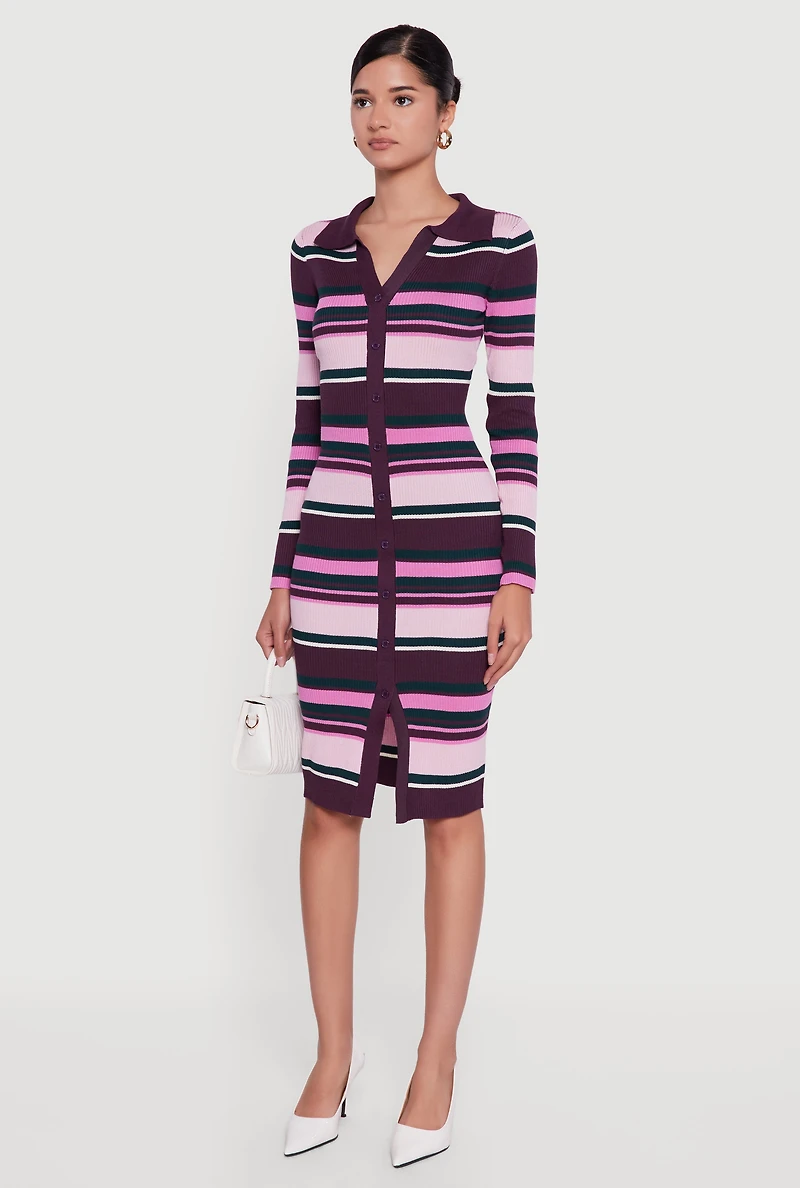 Womens Almost Famous Striped Slit Front Sweater Polo Dress, Purple, Size S