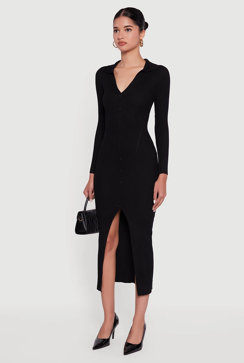 Rib Knit Button Detail Long Sleeve Slit Front Dress