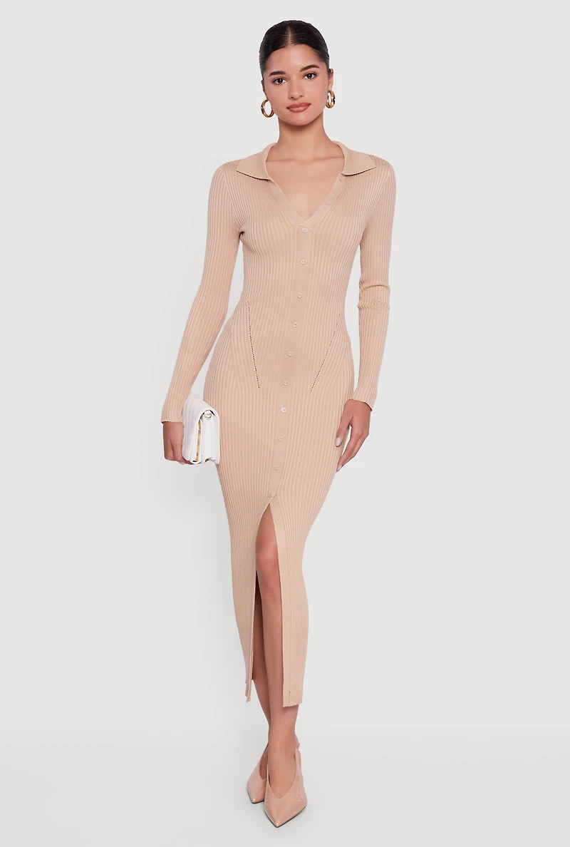 Womens Rib Knit Button Detail Long Sleeve Slit Front Dress, Beige,