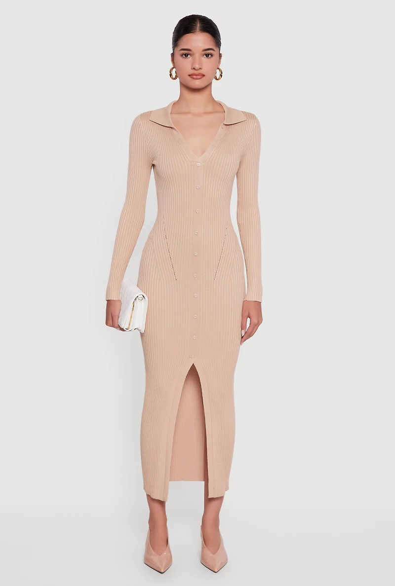 Rib Knit Button Detail Long Sleeve Slit Front Dress