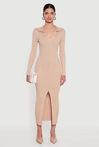 Rib Knit Button Detail Long Sleeve Slit Front Dress