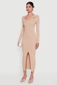 Womens Rib Knit Button Detail Long Sleeve Slit Front Dress, Beige,