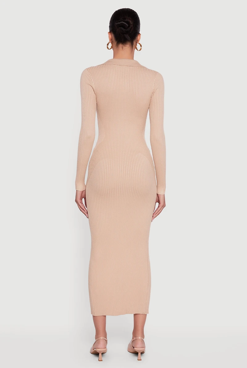 Womens Rib Knit Button Detail Long Sleeve Slit Front Dress, Beige,