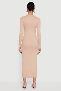 Womens Rib Knit Button Detail Long Sleeve Slit Front Dress, Beige,