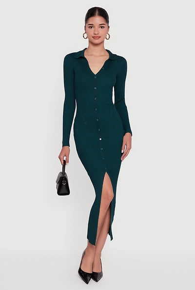 Rib Knit Button Detail Long Sleeve Slit Front Dress