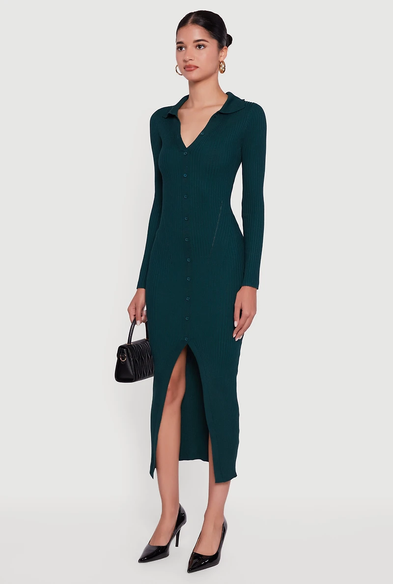 Rib Knit Button Detail Long Sleeve Slit Front Dress