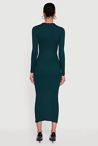 Rib Knit Button Detail Long Sleeve Slit Front Dress