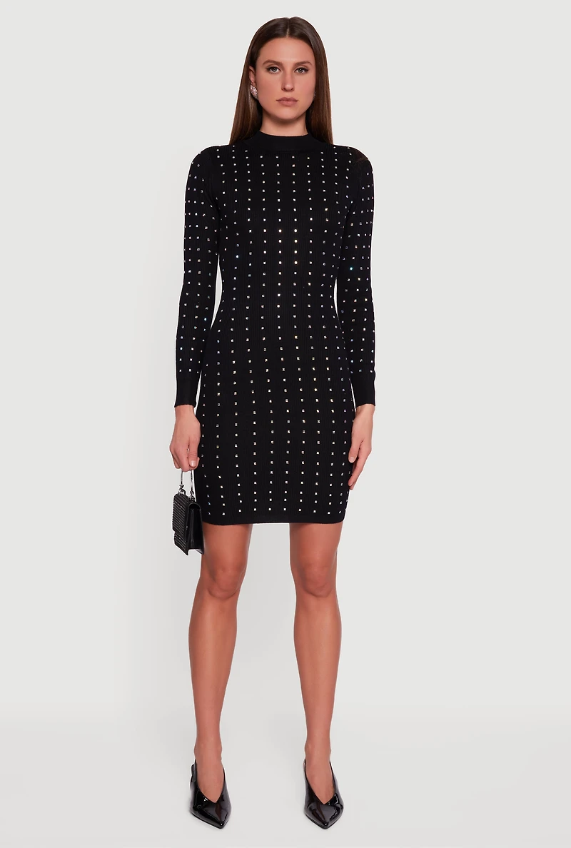 Womens Rhinestone Rib Knit Long Sleeve Mock Neck Sweater Dress,