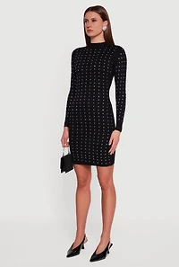 Womens Rhinestone Rib Knit Long Sleeve Mock Neck Sweater Dress,