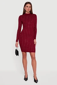 Womens Rhinestone Rib Knit Long Sleeve Mock Neck Sweater Dress, Red, Size XL