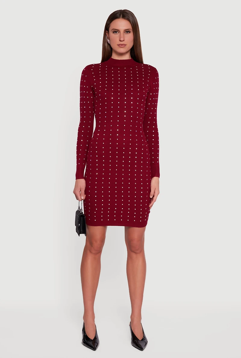 Womens Rhinestone Rib Knit Long Sleeve Mock Neck Sweater Dress, Red, Size XL