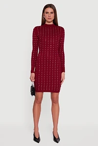 Womens Rhinestone Rib Knit Long Sleeve Mock Neck Sweater Dress, Red, Size XL