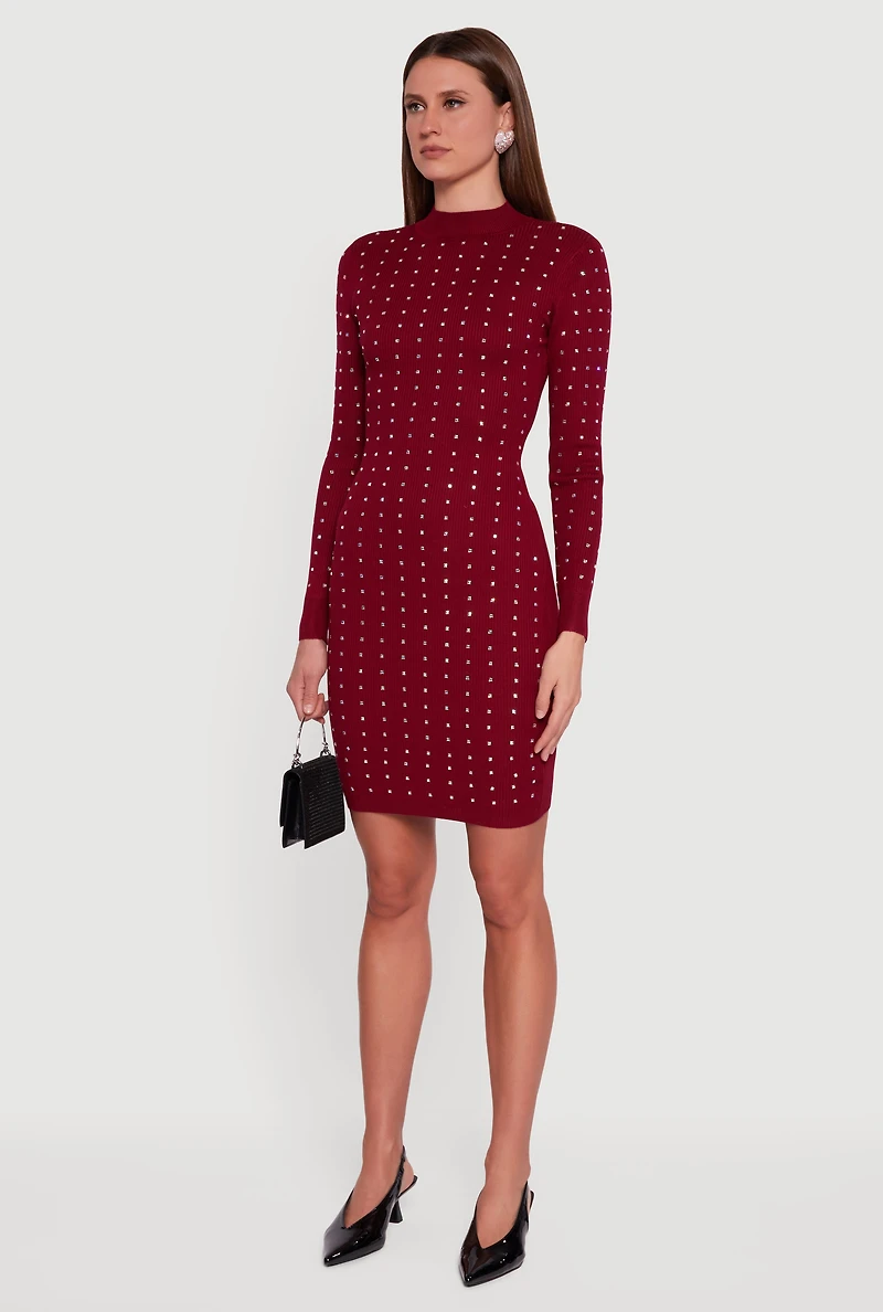 Womens Rhinestone Rib Knit Long Sleeve Mock Neck Sweater Dress, Red, Size XL