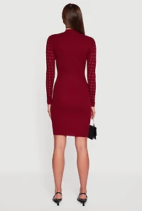 Womens Rhinestone Rib Knit Long Sleeve Mock Neck Sweater Dress, Red, Size XL