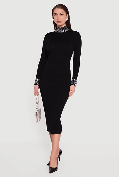 Rhinestone Detail Mock Neck Midi Sweater Dress