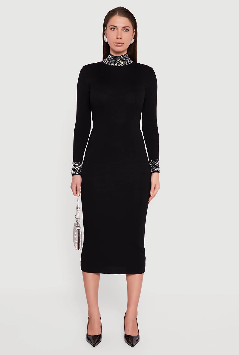 Rhinestone Detail Mock Neck Midi Sweater Dress
