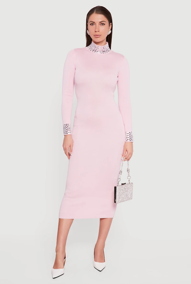 Rhinestone Detail Mock Neck Midi Sweater Dress