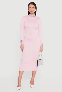 Rhinestone Detail Mock Neck Midi Sweater Dress