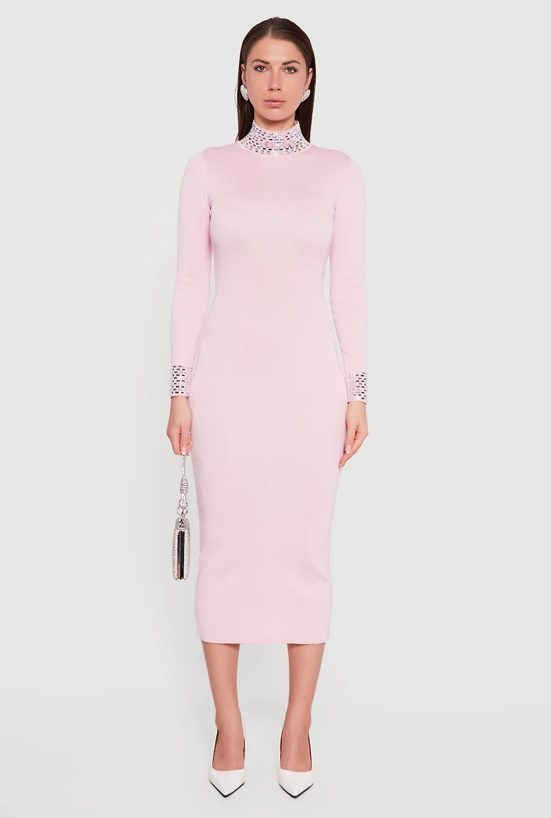 Womens Rhinestone Detail Mock Neck Midi Sweater Dress,