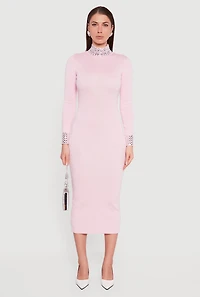 Womens Rhinestone Detail Mock Neck Midi Sweater Dress,