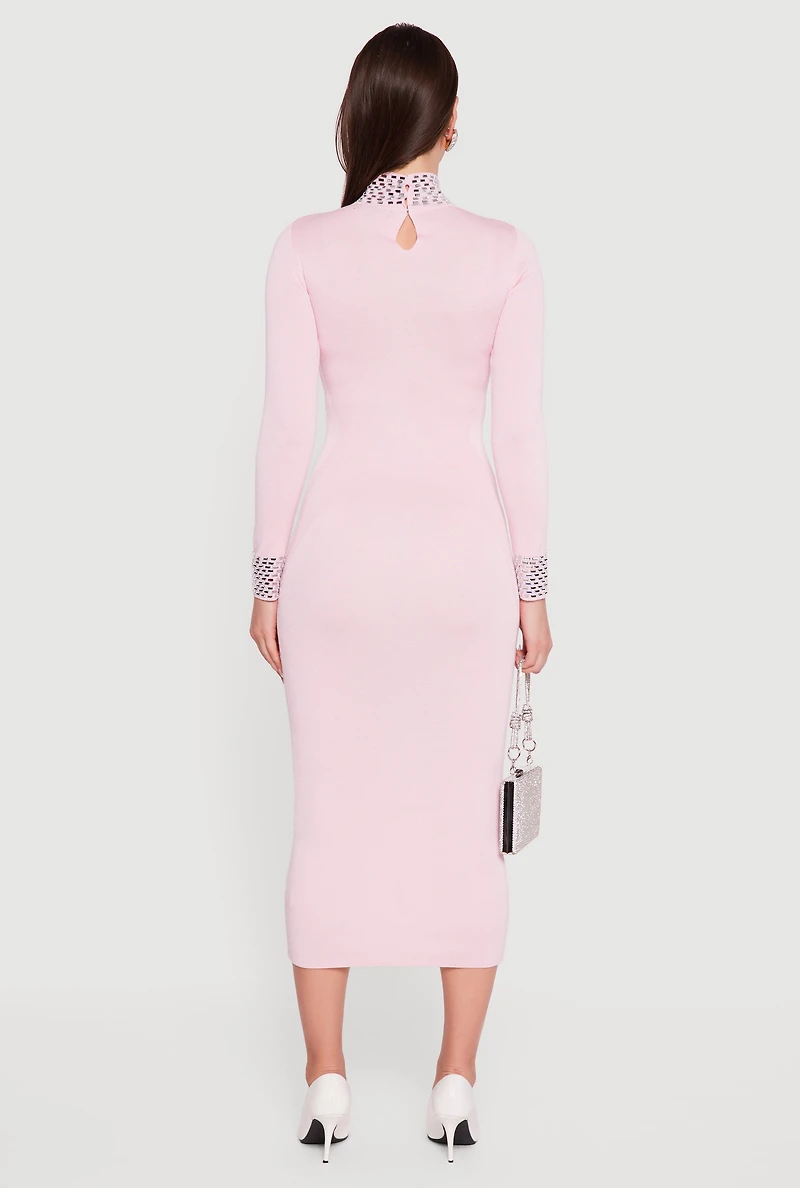 Womens Rhinestone Detail Mock Neck Midi Sweater Dress,