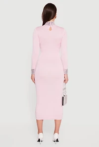 Womens Rhinestone Detail Mock Neck Midi Sweater Dress,