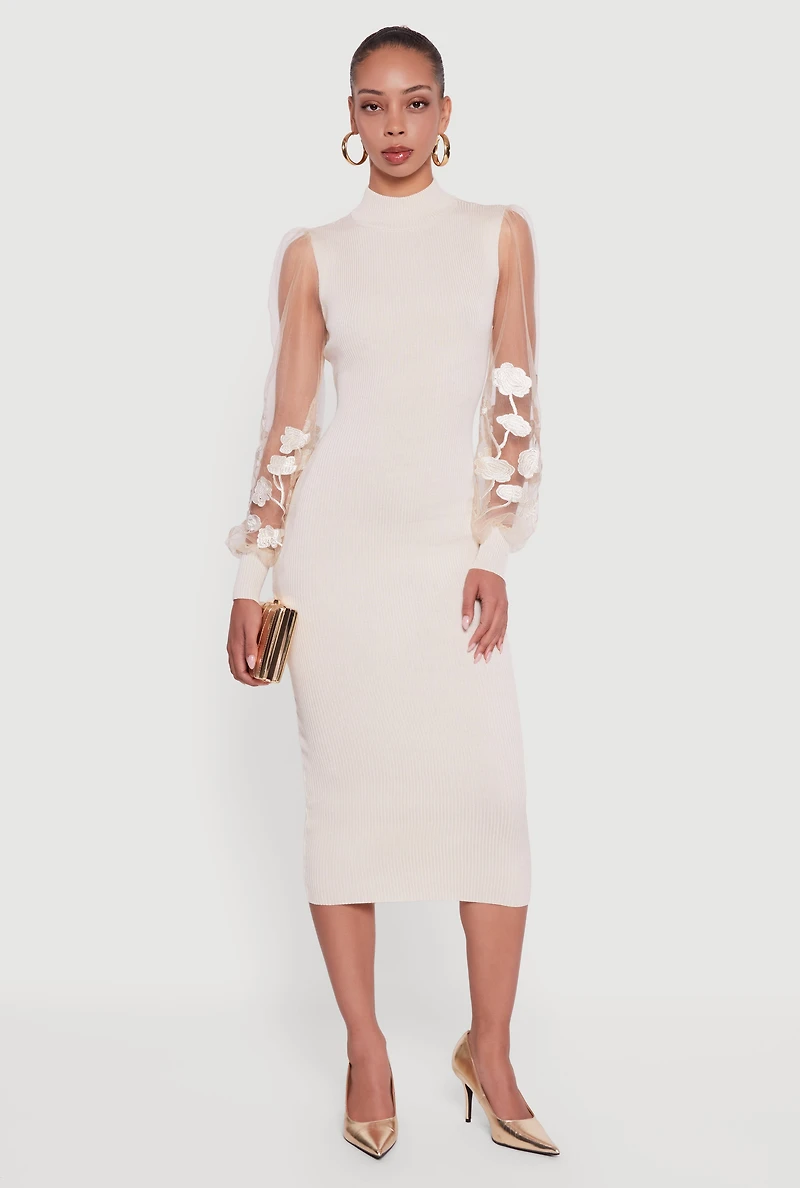 Womens Embroidered Mesh Sleeve Midi Sweater Dress, Beige, Size M