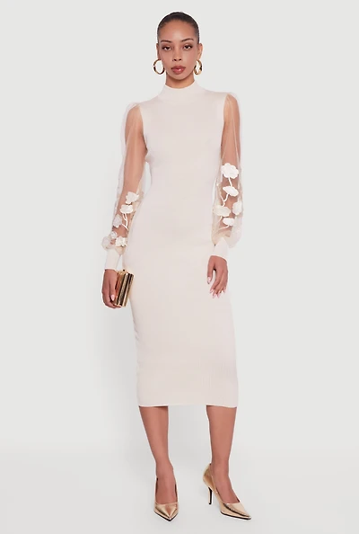 Womens Embroidered Mesh Sleeve Midi Sweater Dress,