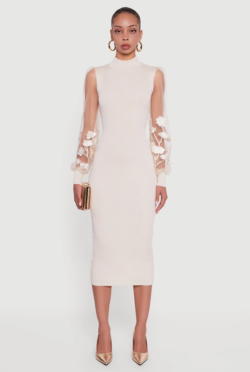 Womens Embroidered Mesh Sleeve Midi Sweater Dress, Beige, Size M