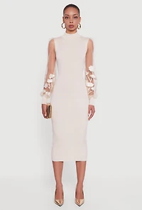 Womens Embroidered Mesh Sleeve Midi Sweater Dress, Beige, Size M
