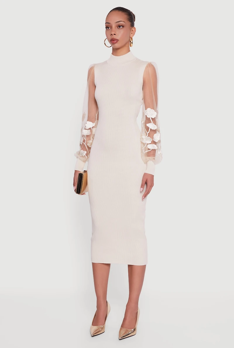 Womens Embroidered Mesh Sleeve Midi Sweater Dress, Beige, Size M