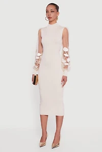 Womens Embroidered Mesh Sleeve Midi Sweater Dress, Beige, Size M