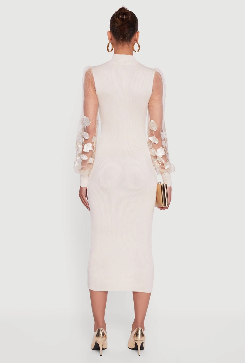 Womens Embroidered Mesh Sleeve Midi Sweater Dress, Beige, Size M