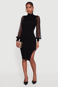 Womens 3D Bow Bubble Sleeve Mock Neck Side Slit Sweater Dress, M