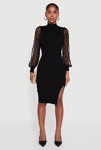 Womens 3D Bow Bubble Sleeve Mock Neck Side Slit Sweater Dress,