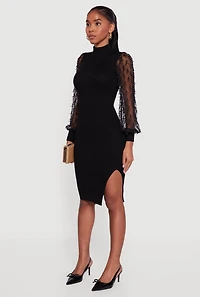 Womens 3D Bow Bubble Sleeve Mock Neck Side Slit Sweater Dress,