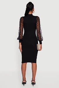 Womens 3D Bow Bubble Sleeve Mock Neck Side Slit Sweater Dress, XL