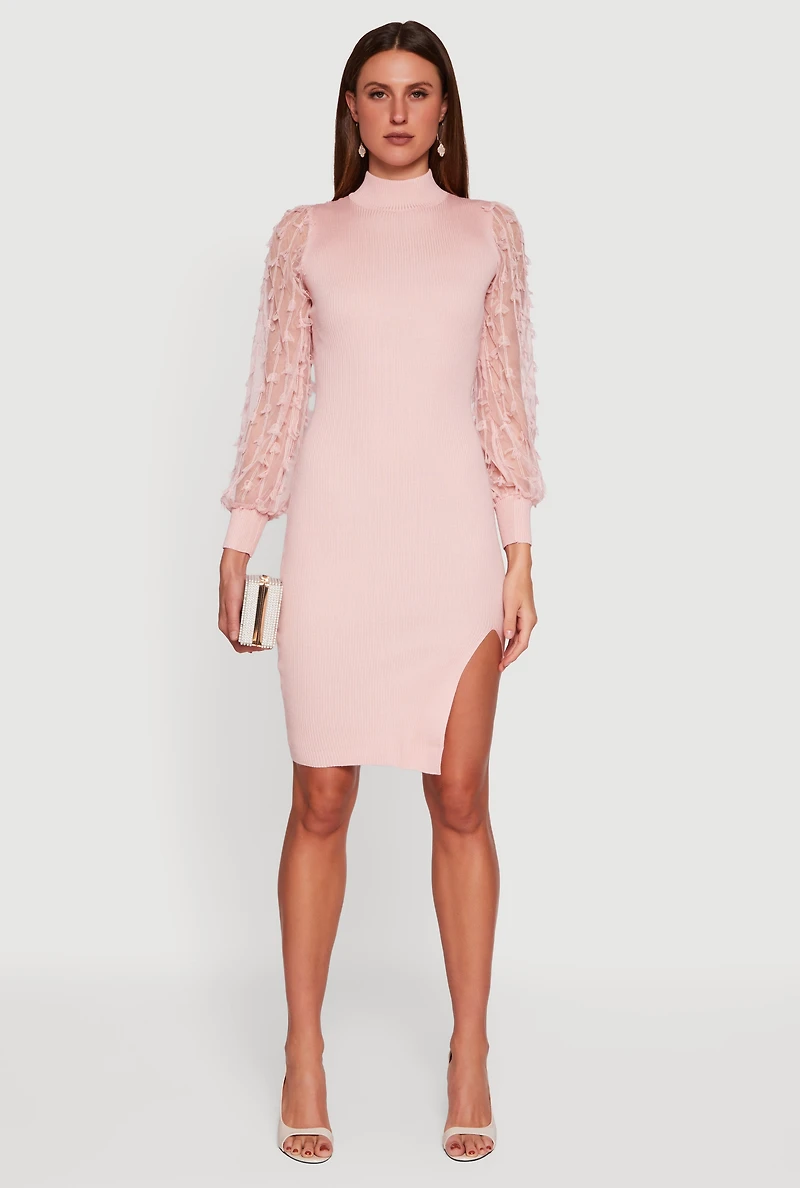 3D Bow Bubble Sleeve Mock Neck Side Slit Sweater Dress