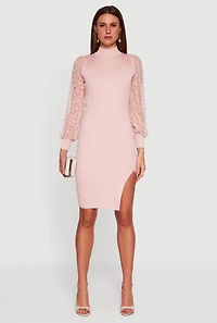 3D Bow Bubble Sleeve Mock Neck Side Slit Sweater Dress